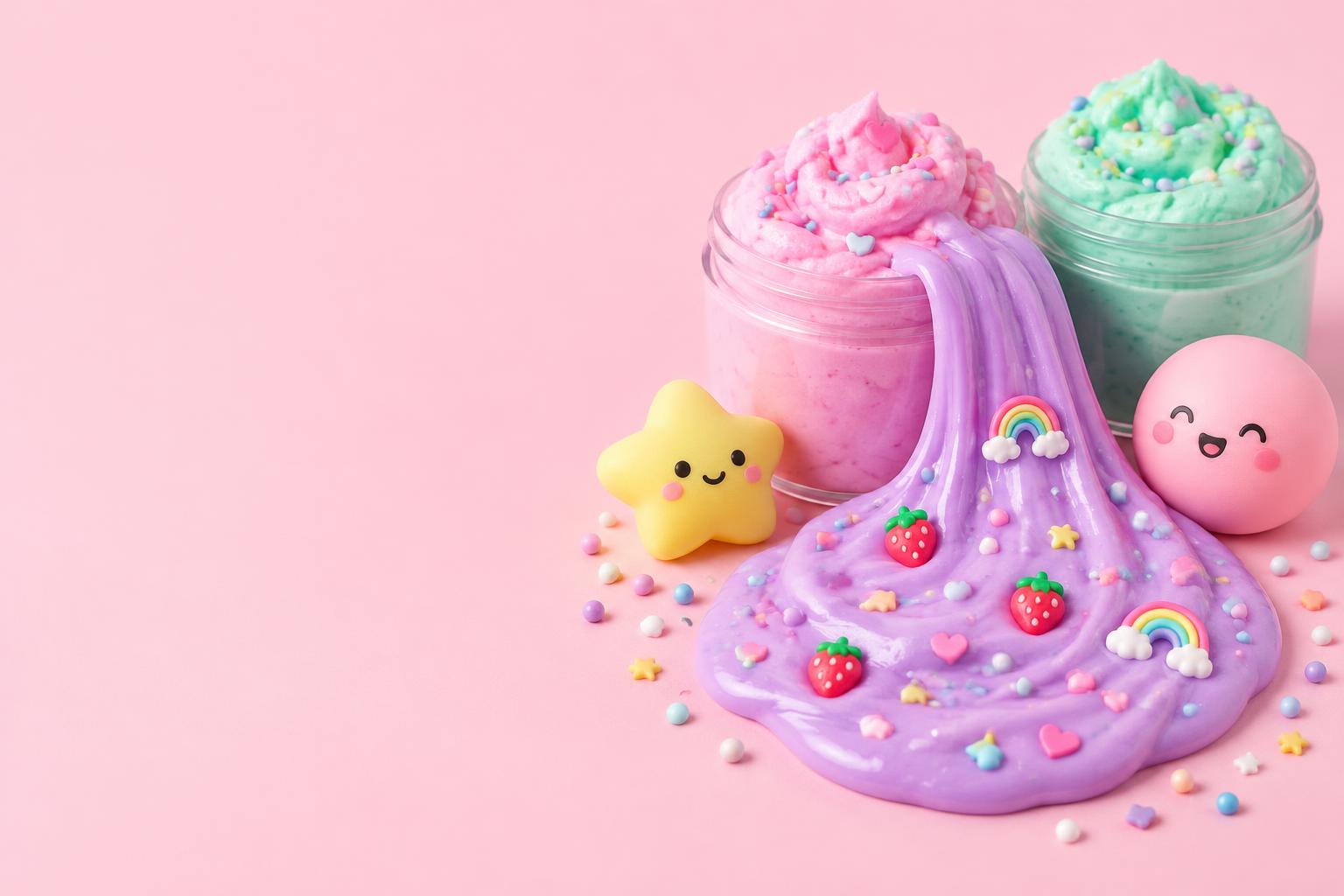 Pastel pink and mint slime with rainbow charms and happy squishies
