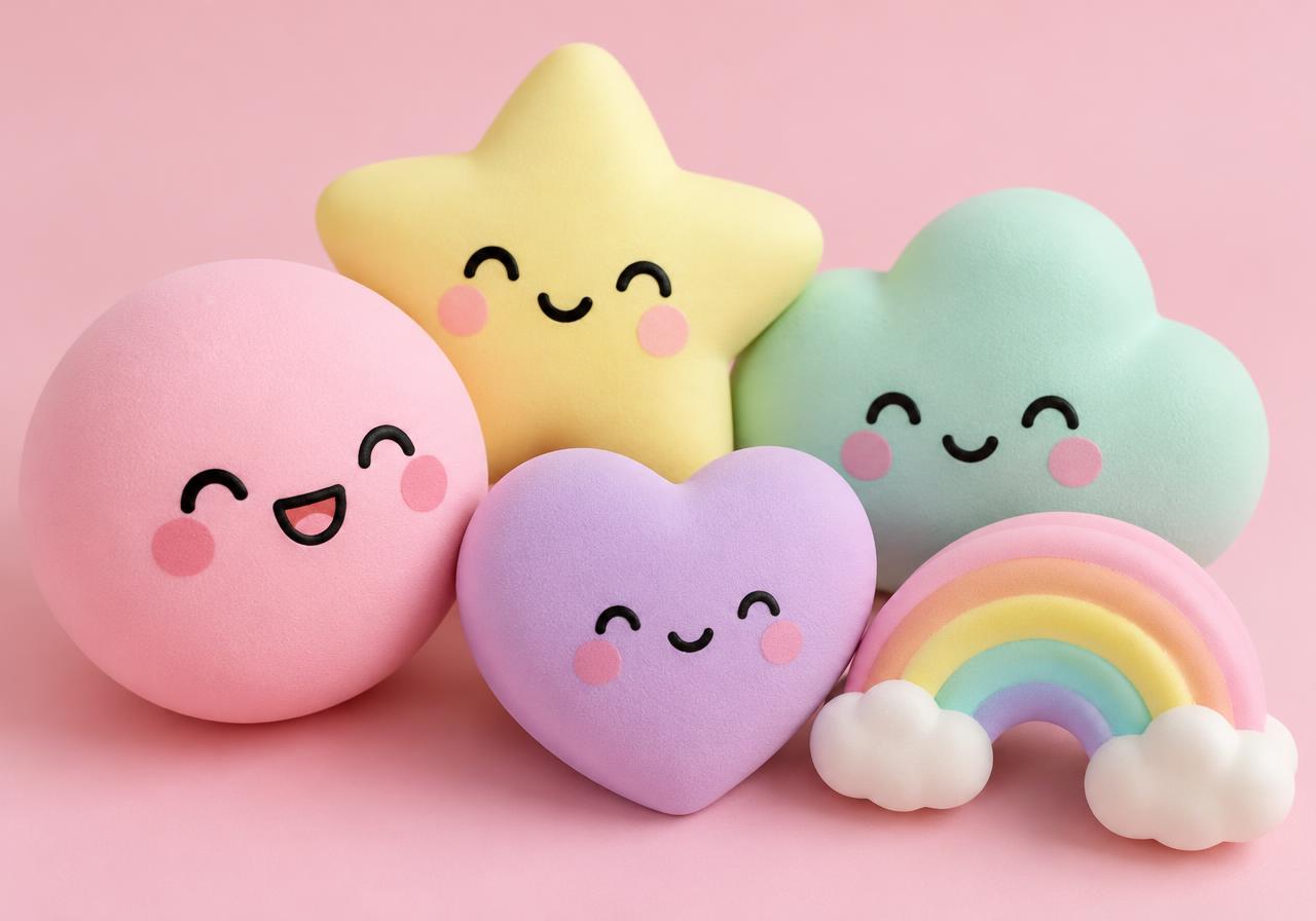 Pastel pink, yellow, mint and lilac squishies with happy smiling faces